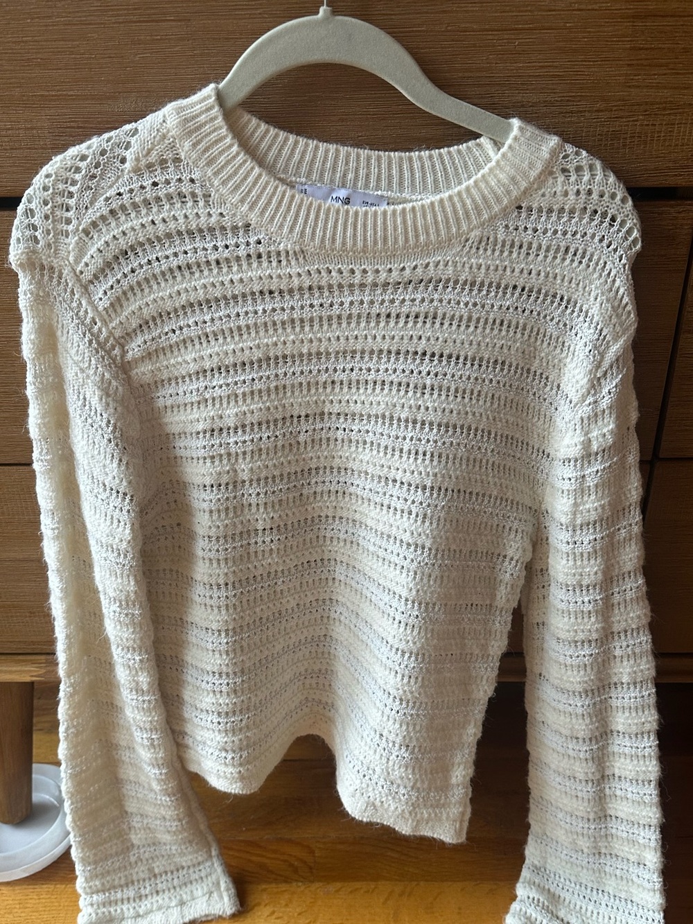 Mango Cream Open-Weave Crewneck Sweater